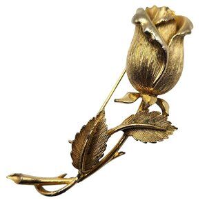 Vintage Lisner Rose Brooch 1950s Gold Tone Flower Pin Signed Floral Jewelry